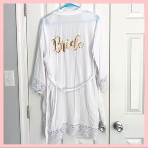 White lace bride robe with gold foil lettering